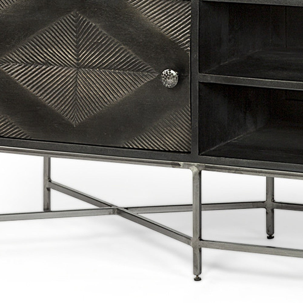 Dark Brown Solid Mango Wood Finish Tv Stand Media Console With 2 Doors And 2 Open Shelves