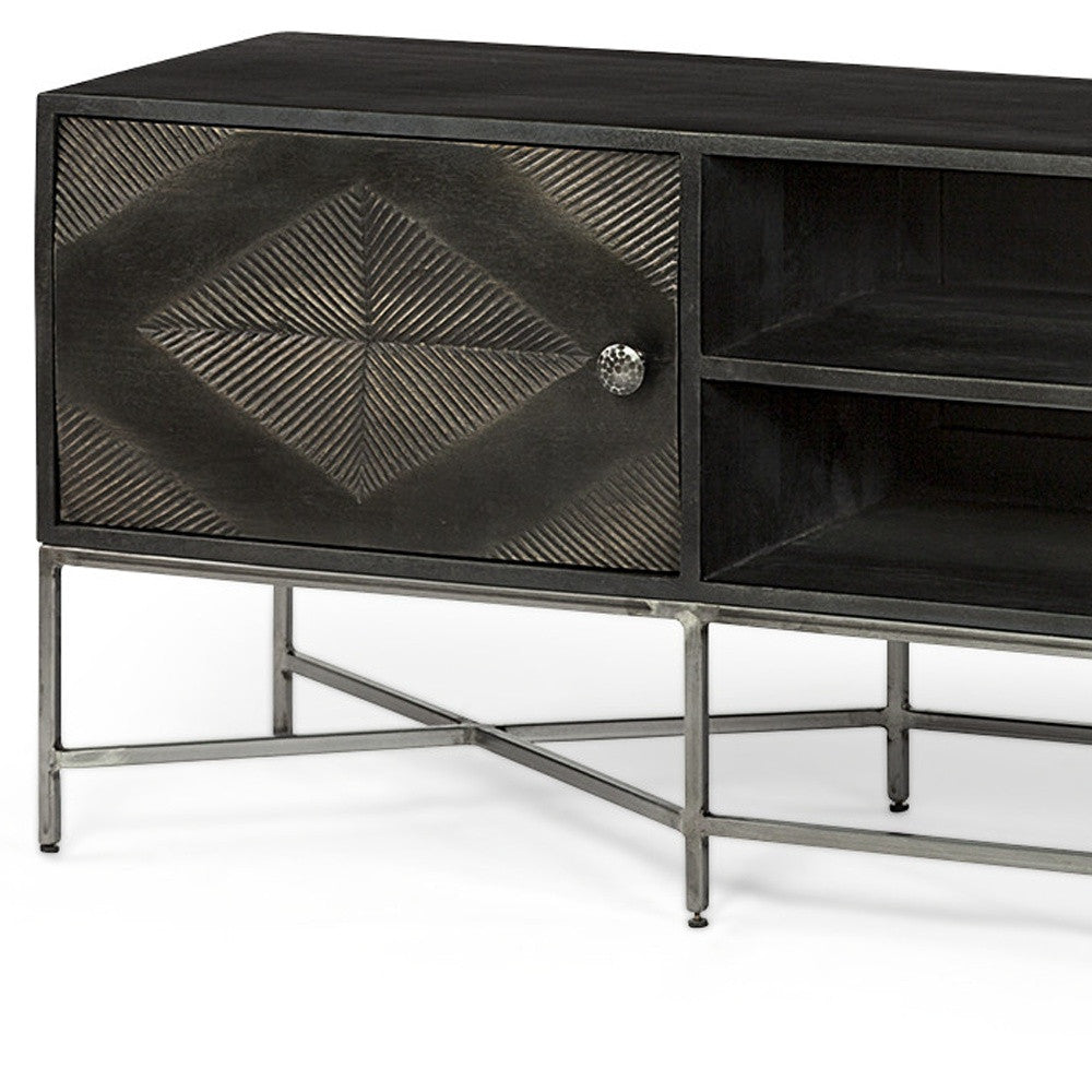 Dark Brown Solid Mango Wood Finish Tv Stand Media Console With 2 Doors And 2 Open Shelves