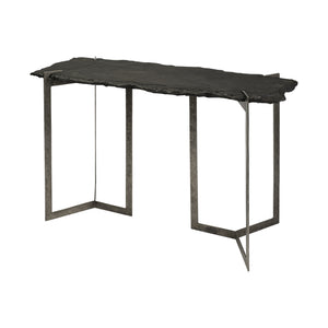 Rectangular Black Live Edge Slate Console Table With Double Pedestal Base