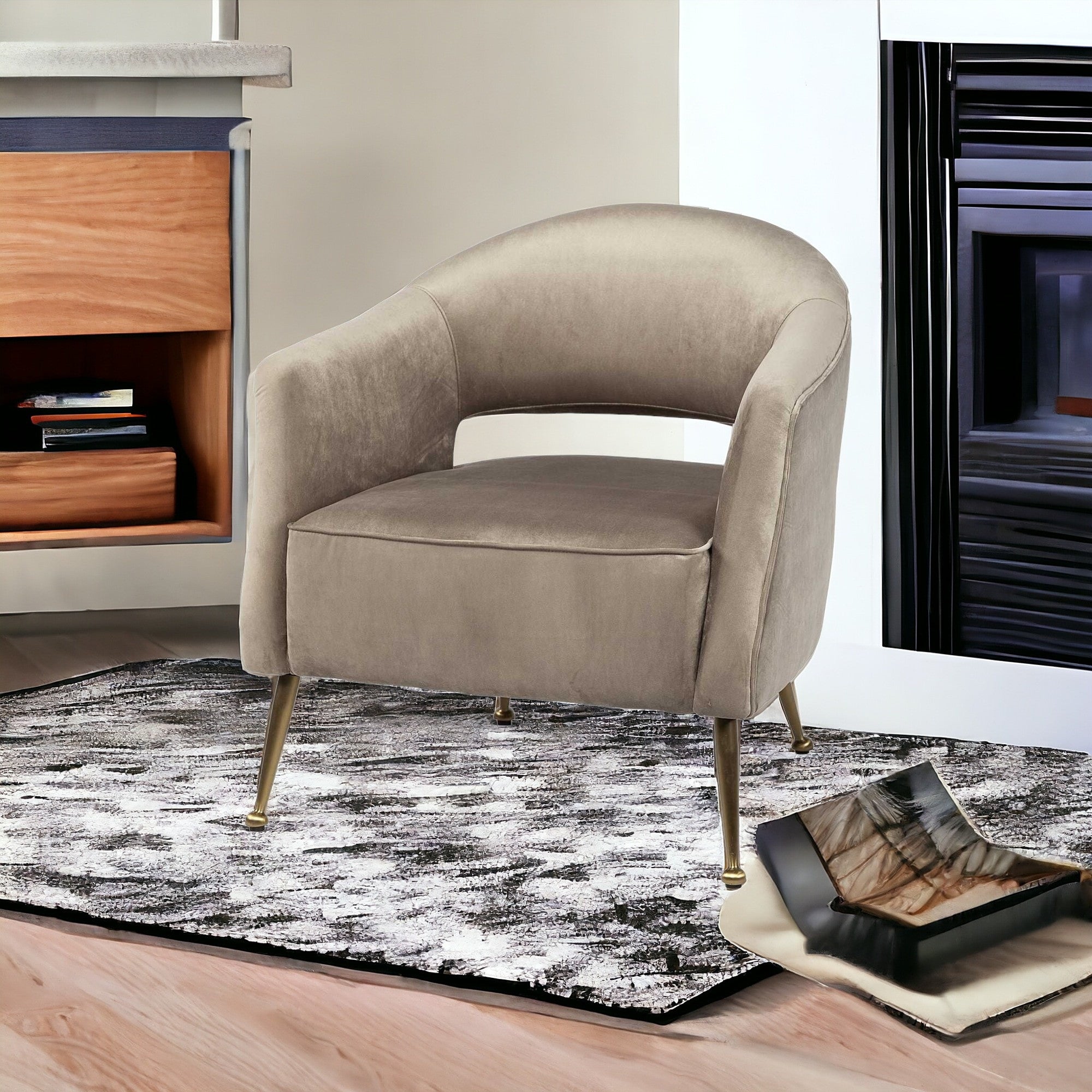 Taupe Velvet Wrap Brass Accent Chair With Metal Base