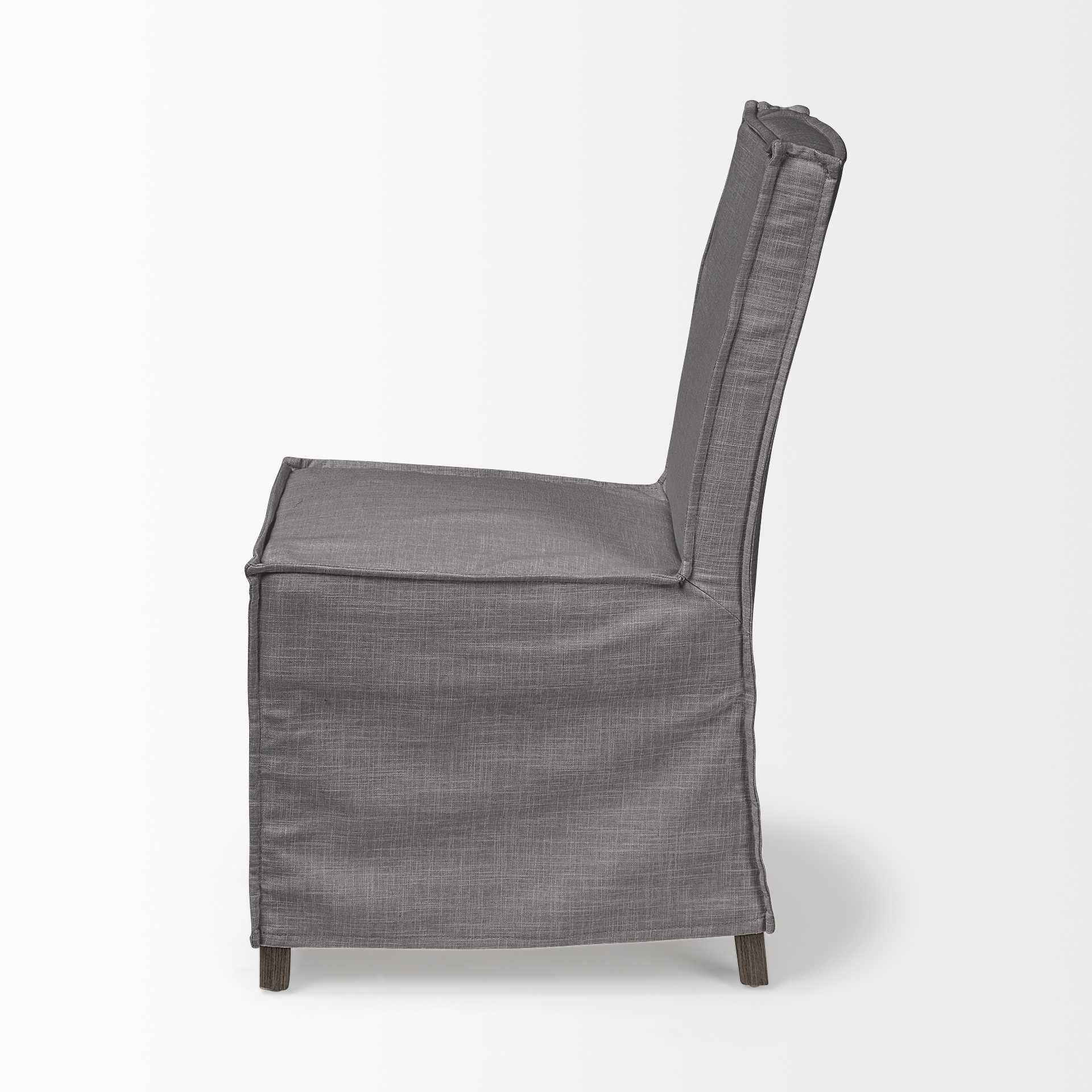 Grey Fabric Slip Cover With Brown Wooden Base Dining Chair