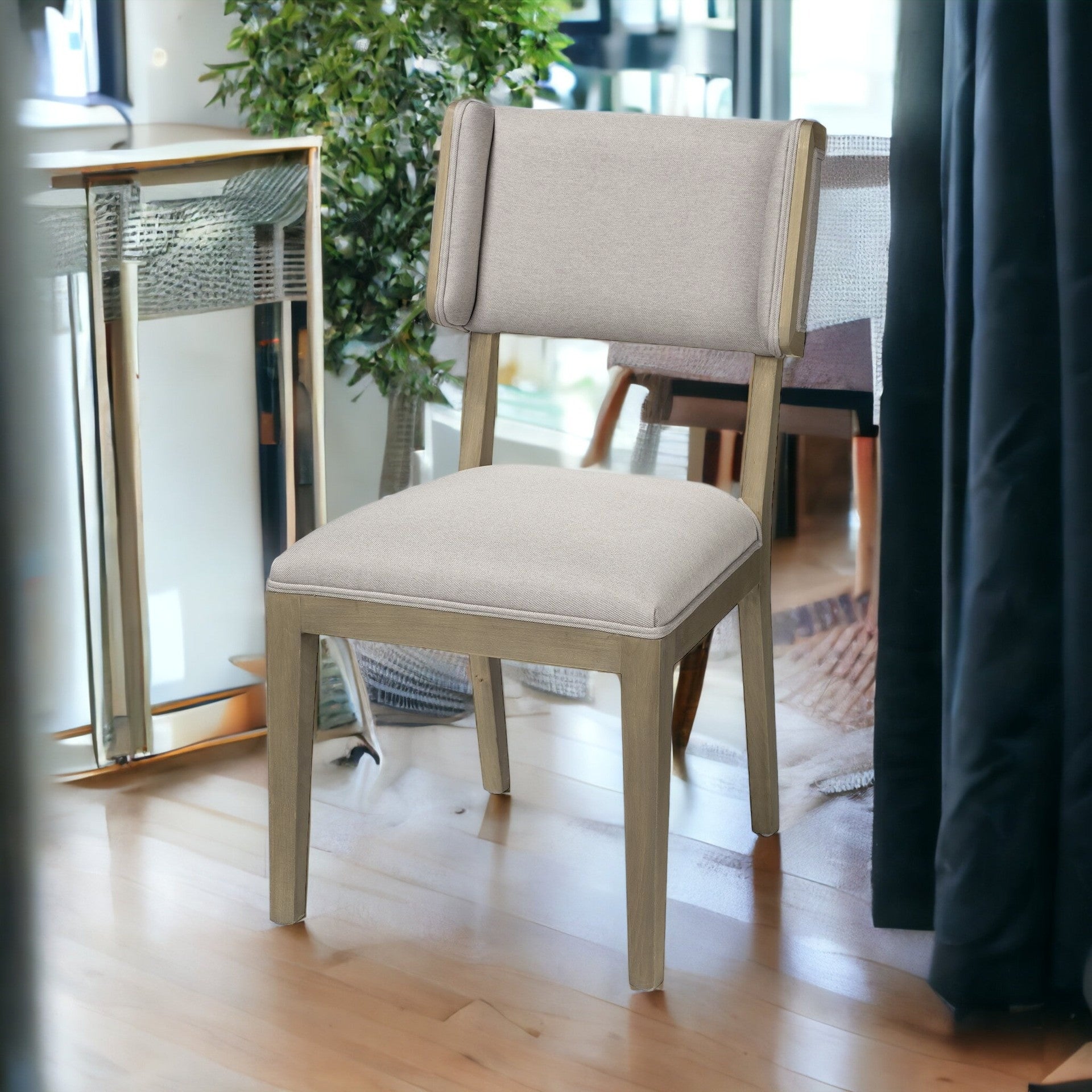 Grey Fabric Wrap With Brown Wooden Base Dining Chair