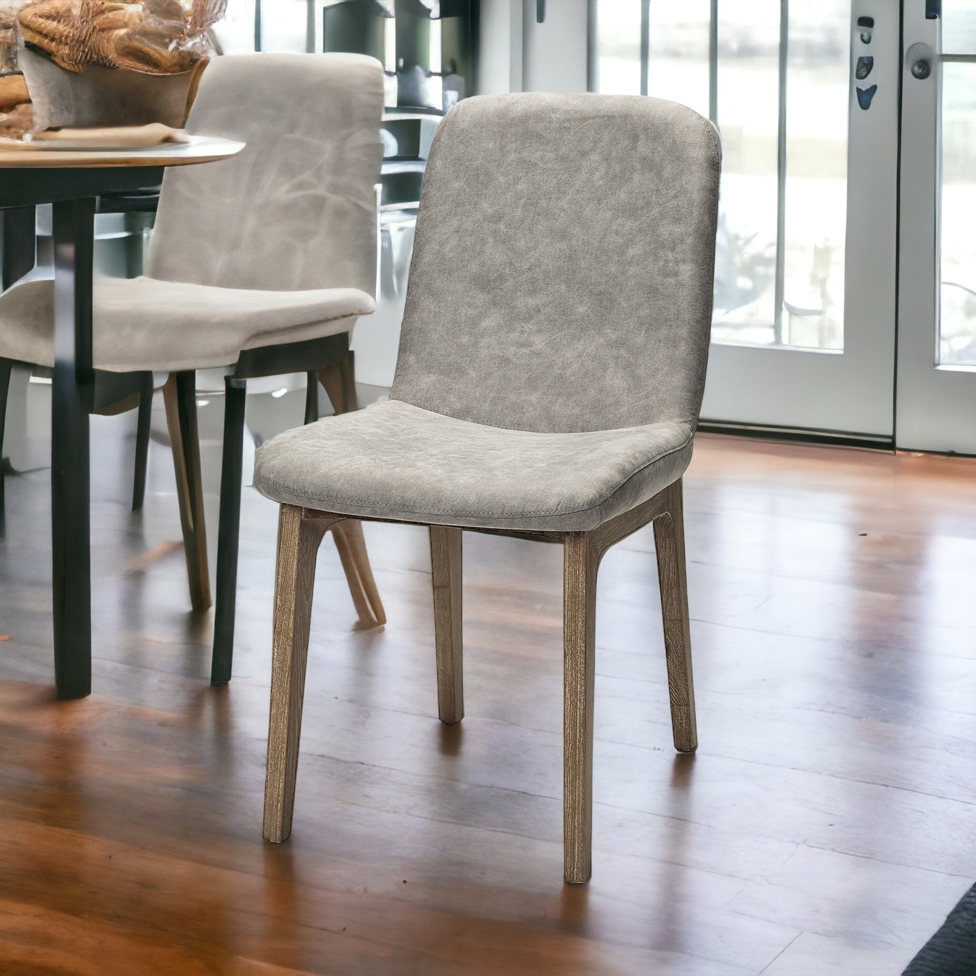 Grey Fabric Wrap With Medium Brown Wood Base Dining Chair