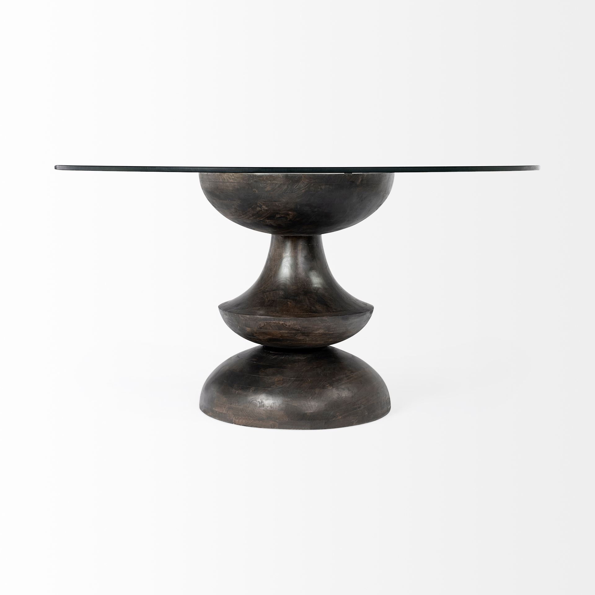 60" Round Glass Top Brown Wood With Pedestal Base Dining Table