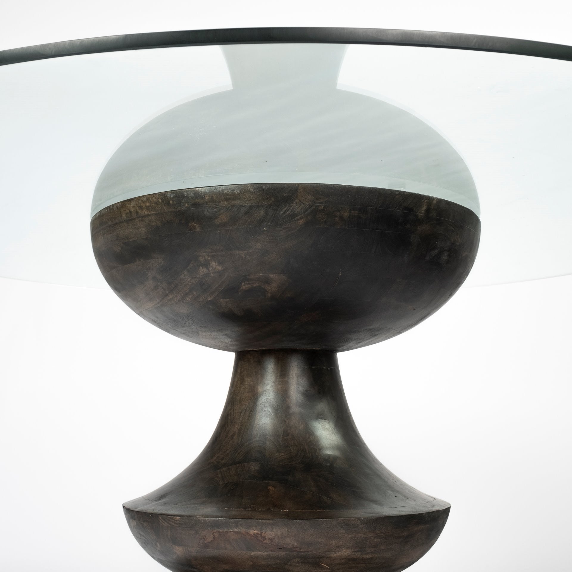 60" Round Glass Top Brown Wood With Pedestal Base Dining Table
