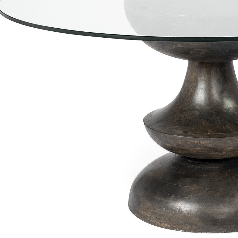 60" Round Glass Top Brown Wood With Pedestal Base Dining Table