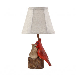 Two Red Cardinals Accent Lamp With White Shade