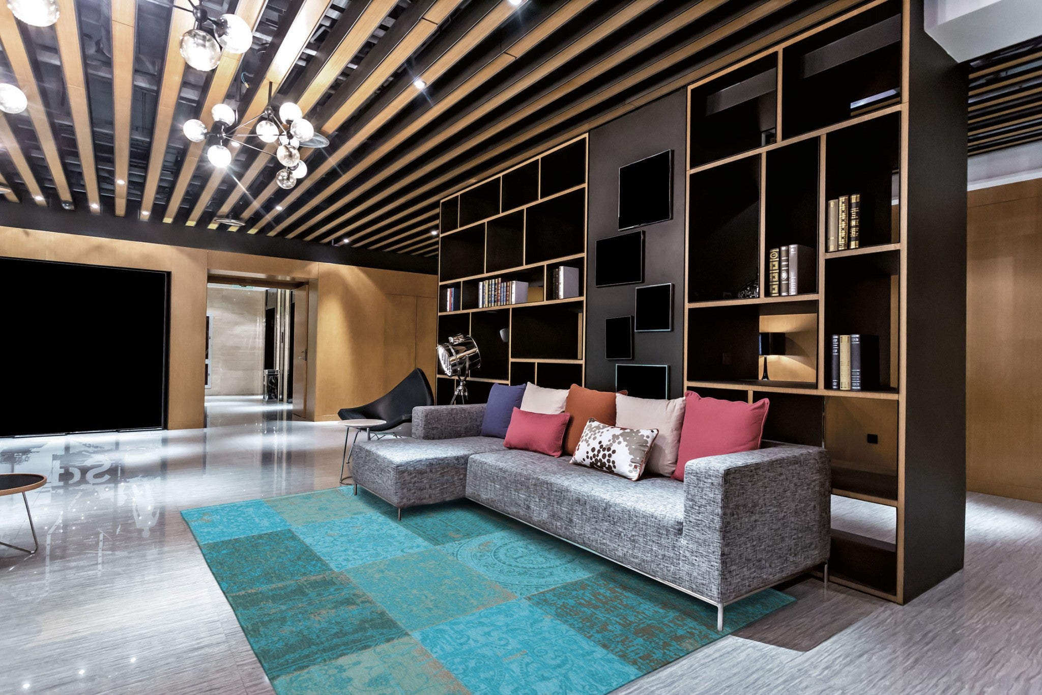 2.5' X 5' Azur Light Blue Dark Blue And Red Patchwork Design Area Rug