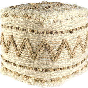 Beige And Brown Wool Square Pouf With Cotton And Felt Popcorn Stitch