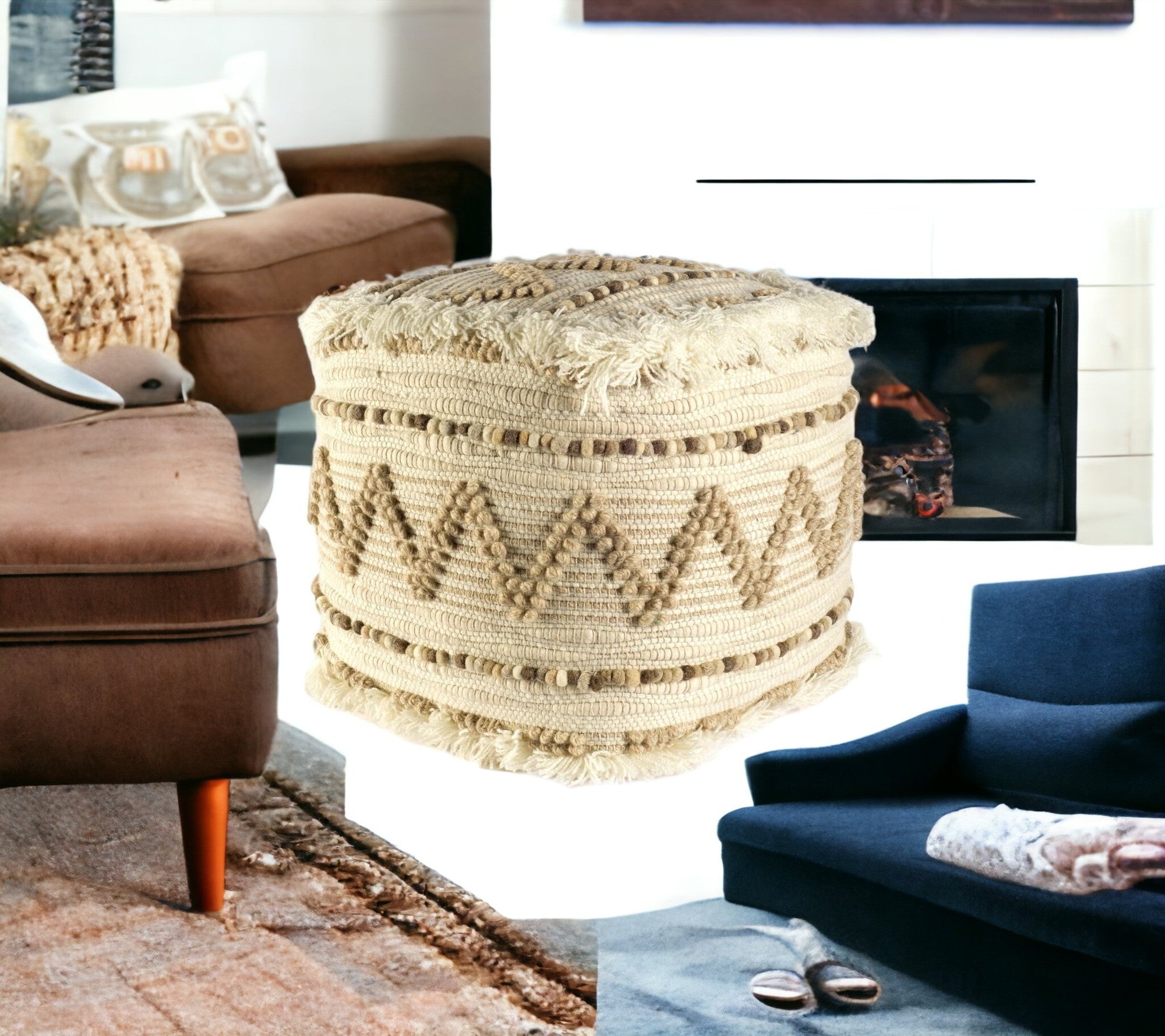 Puf Cuadrado De Lana Beige Y Marrón Con Punto Palomitas De Algodón Y Fieltro