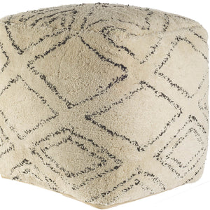 Beige Cotton Square Pouf With Argyle Pattern