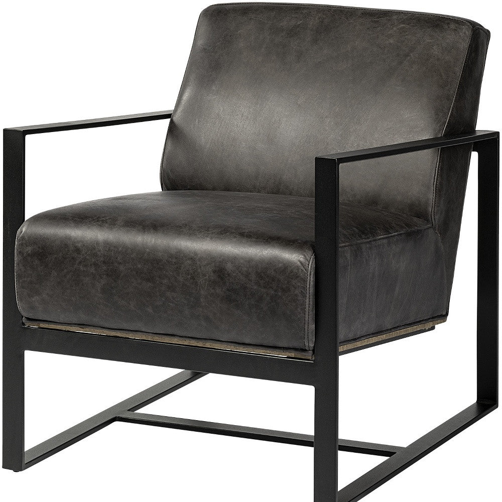 Ebony Genuine Leather Wrapped Accent Chair With Metal Frame