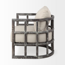 奶油色織物覆蓋軟墊半月形椅子帶木框