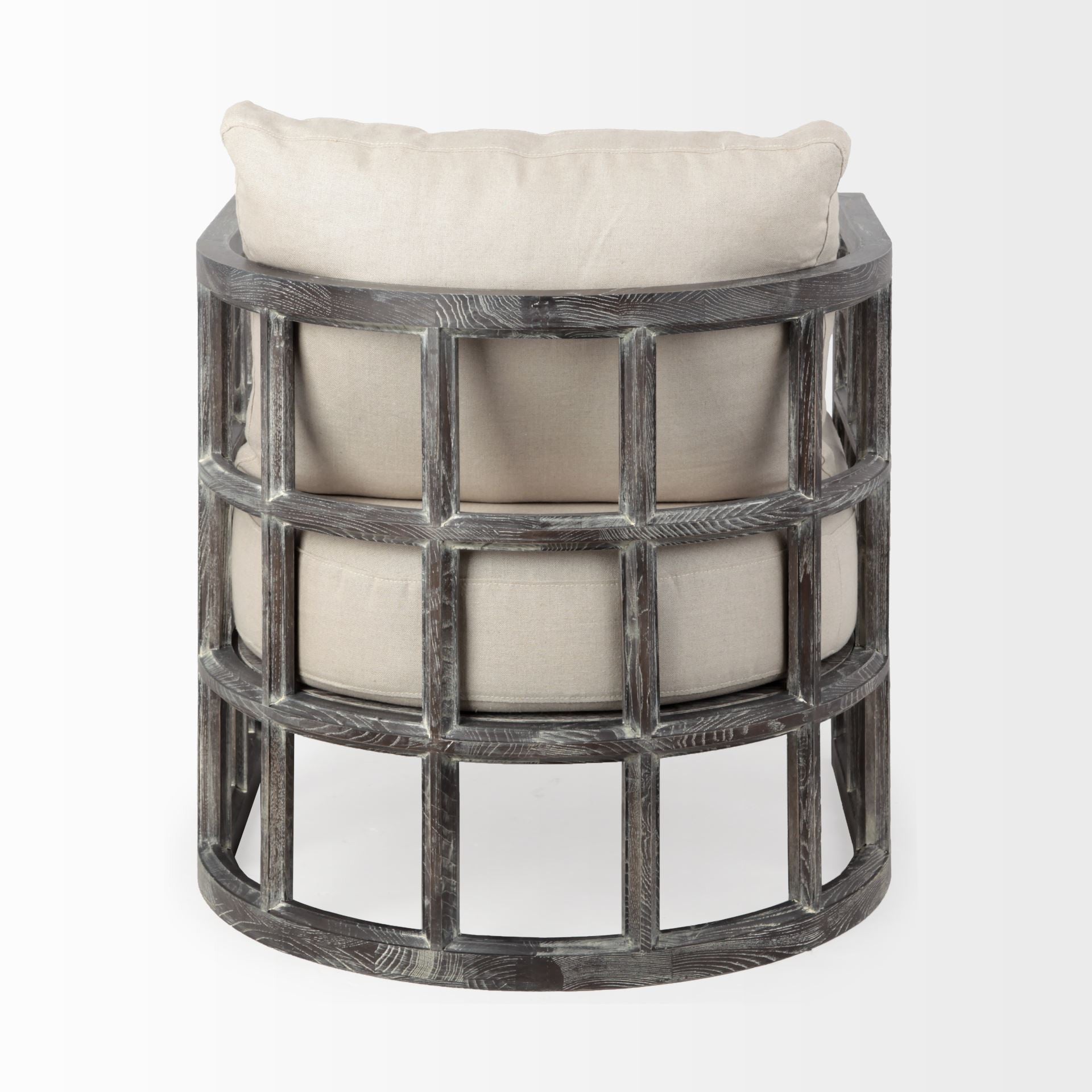 奶油色織物覆蓋軟墊半月形椅子帶木框