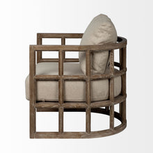 Tan Fabric Covered Cushioned Demi Lune Accent Chair With Wooden Frame