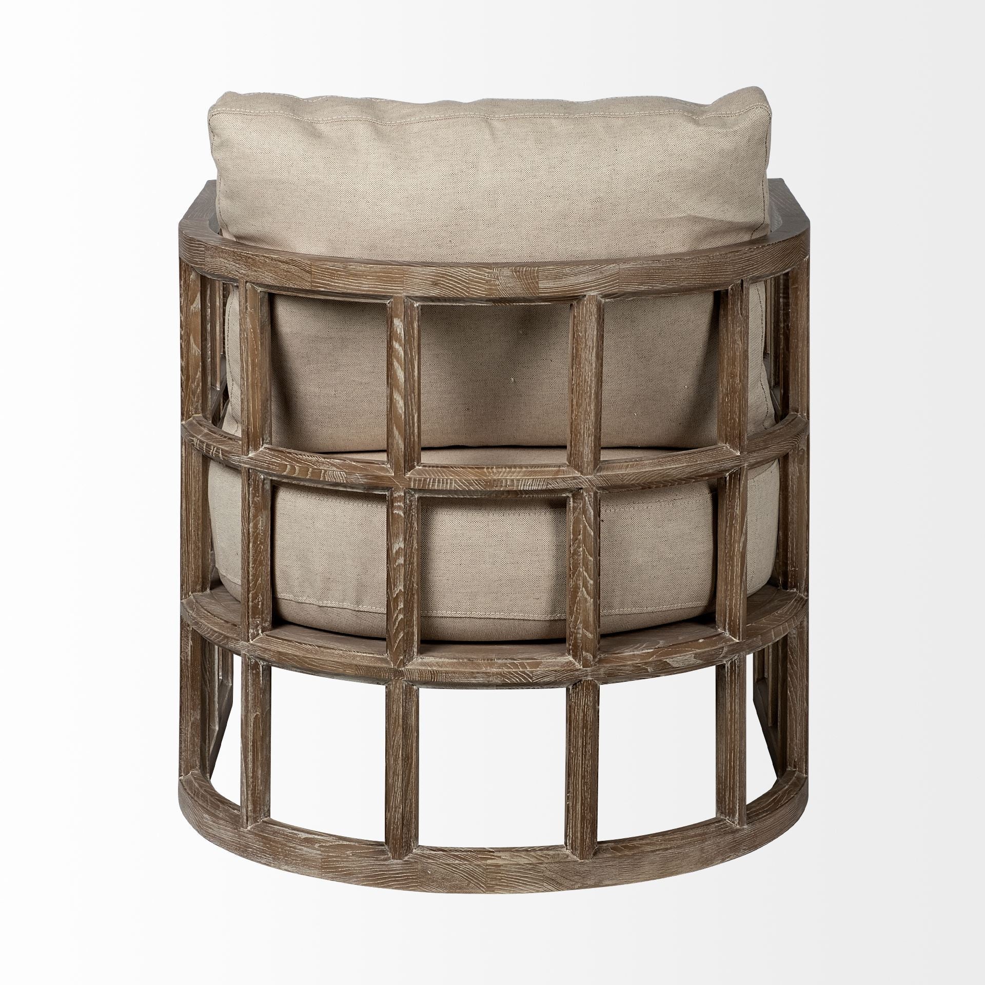 Tan Fabric Covered Cushioned Demi Lune Accent Chair With Wooden Frame