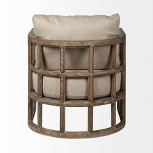 Tan Fabric Covered Cushioned Demi Lune Accent Chair With Wooden Frame