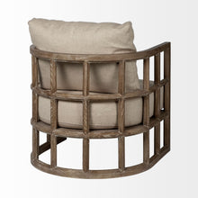 Tan Fabric Covered Cushioned Demi Lune Accent Chair With Wooden Frame