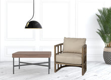 Tan Fabric Covered Cushioned Demi Lune Accent Chair With Wooden Frame