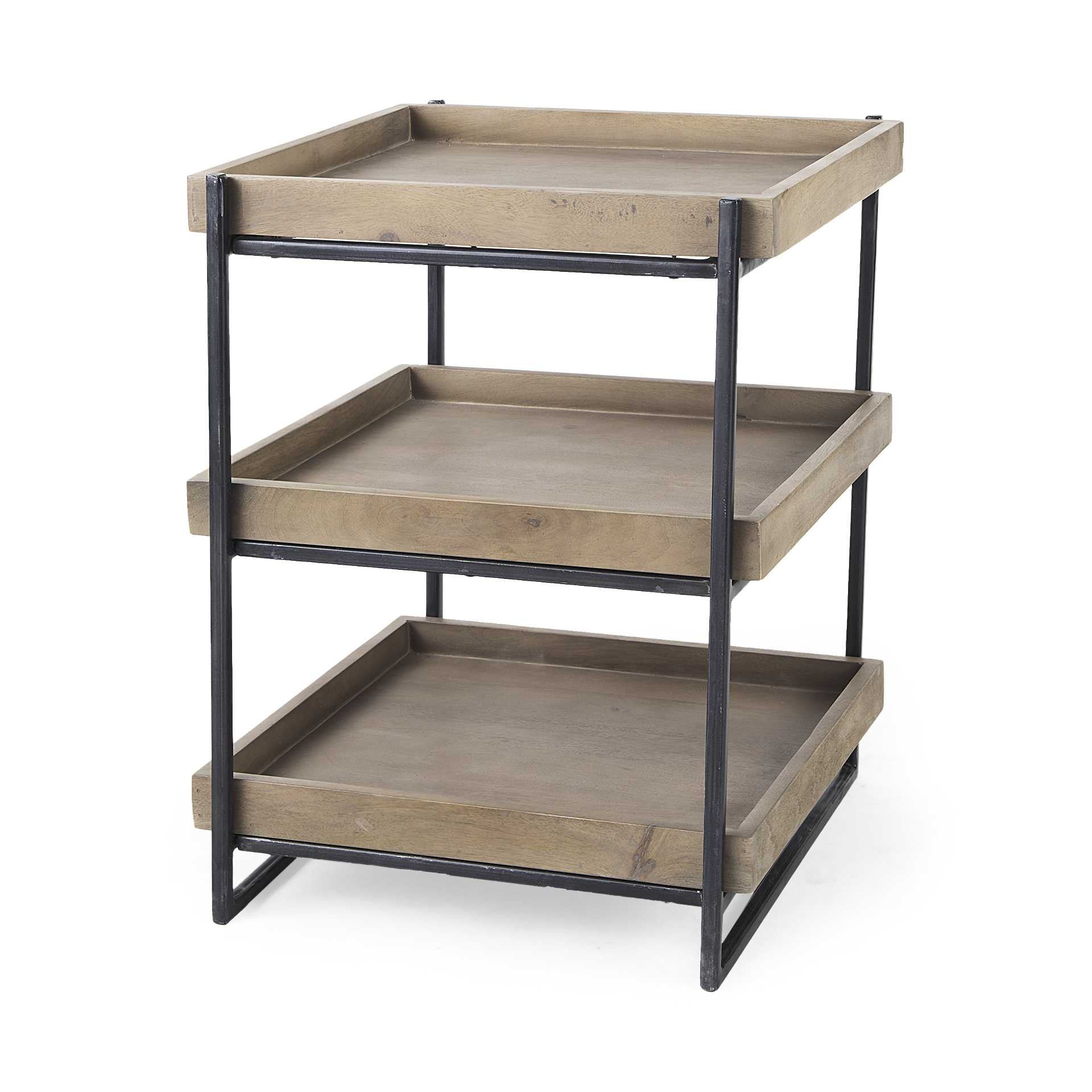 Medium Brown Wooden Square Top Side Table With Three-Tiered Black Iron Frame