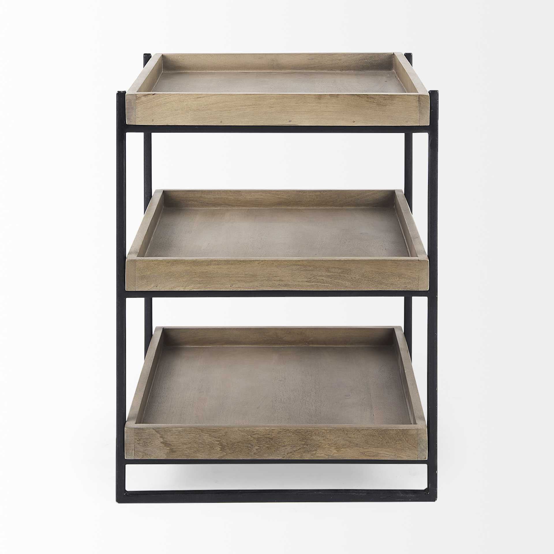 Medium Brown Wooden Square Top Side Table With Three-Tiered Black Iron Frame