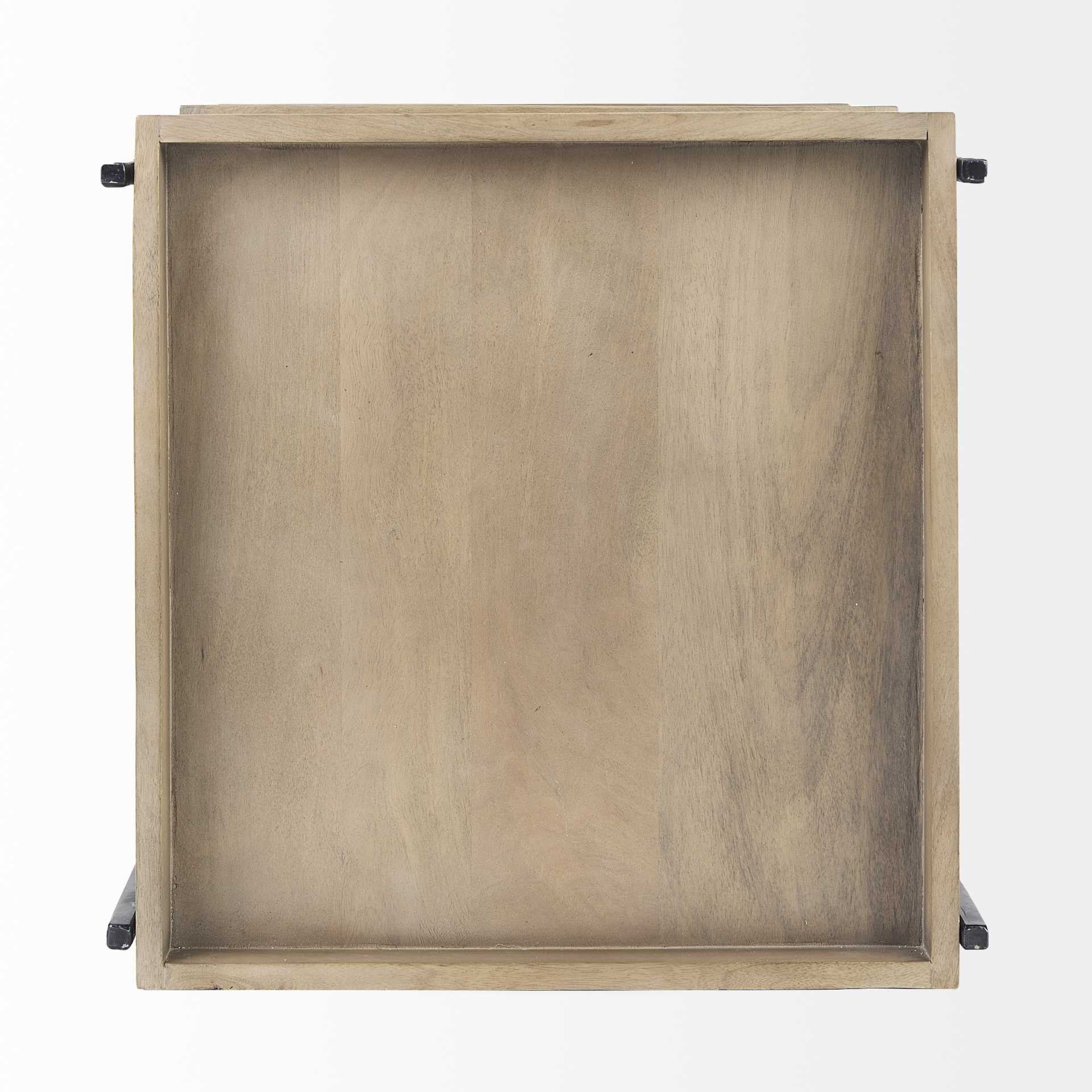 Medium Brown Wooden Square Top Side Table With Three-Tiered Black Iron Frame