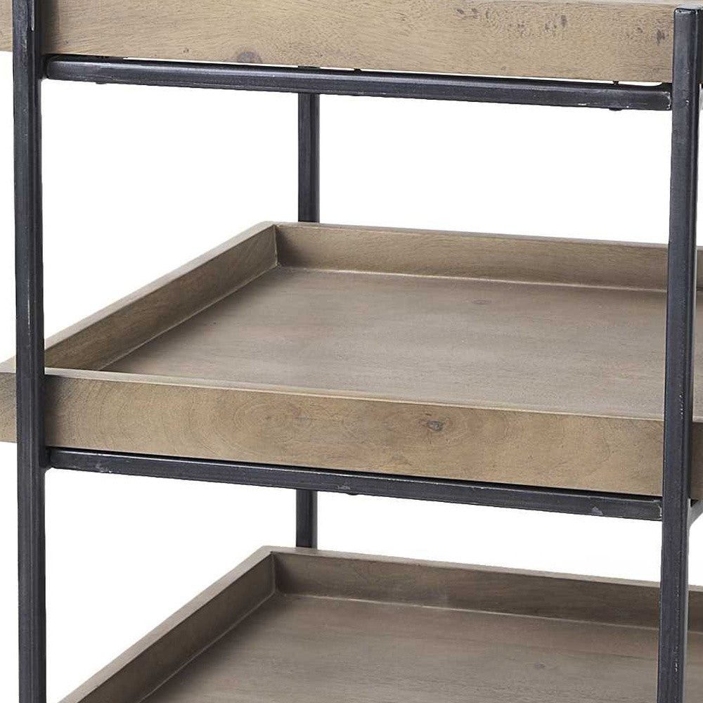 Medium Brown Wooden Square Top Side Table With Three-Tiered Black Iron Frame