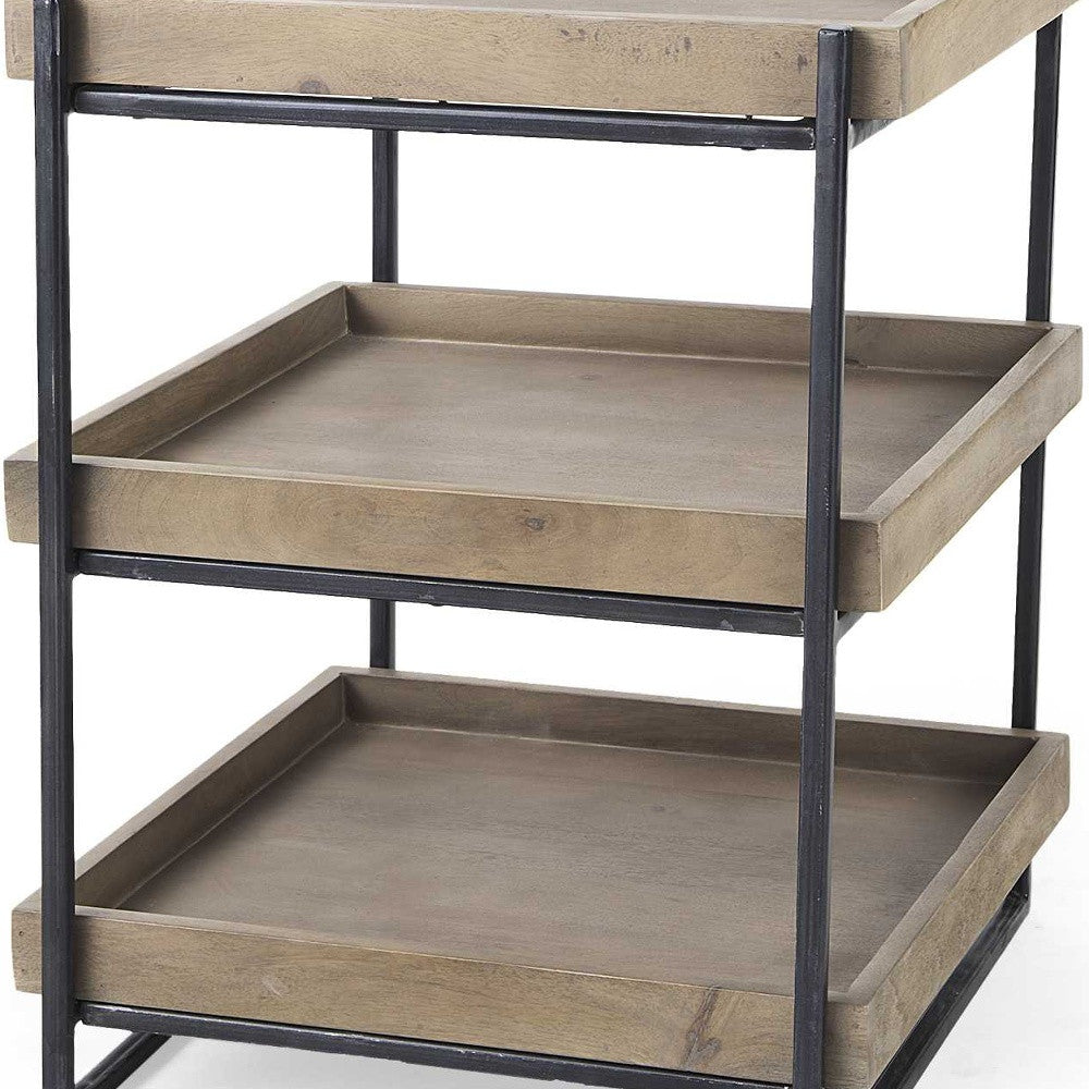 Medium Brown Wooden Square Top Side Table With Three-Tiered Black Iron Frame