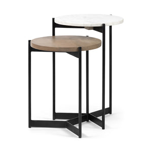 Medium Brown Wood Round Top Side Tables With Marble Nesting