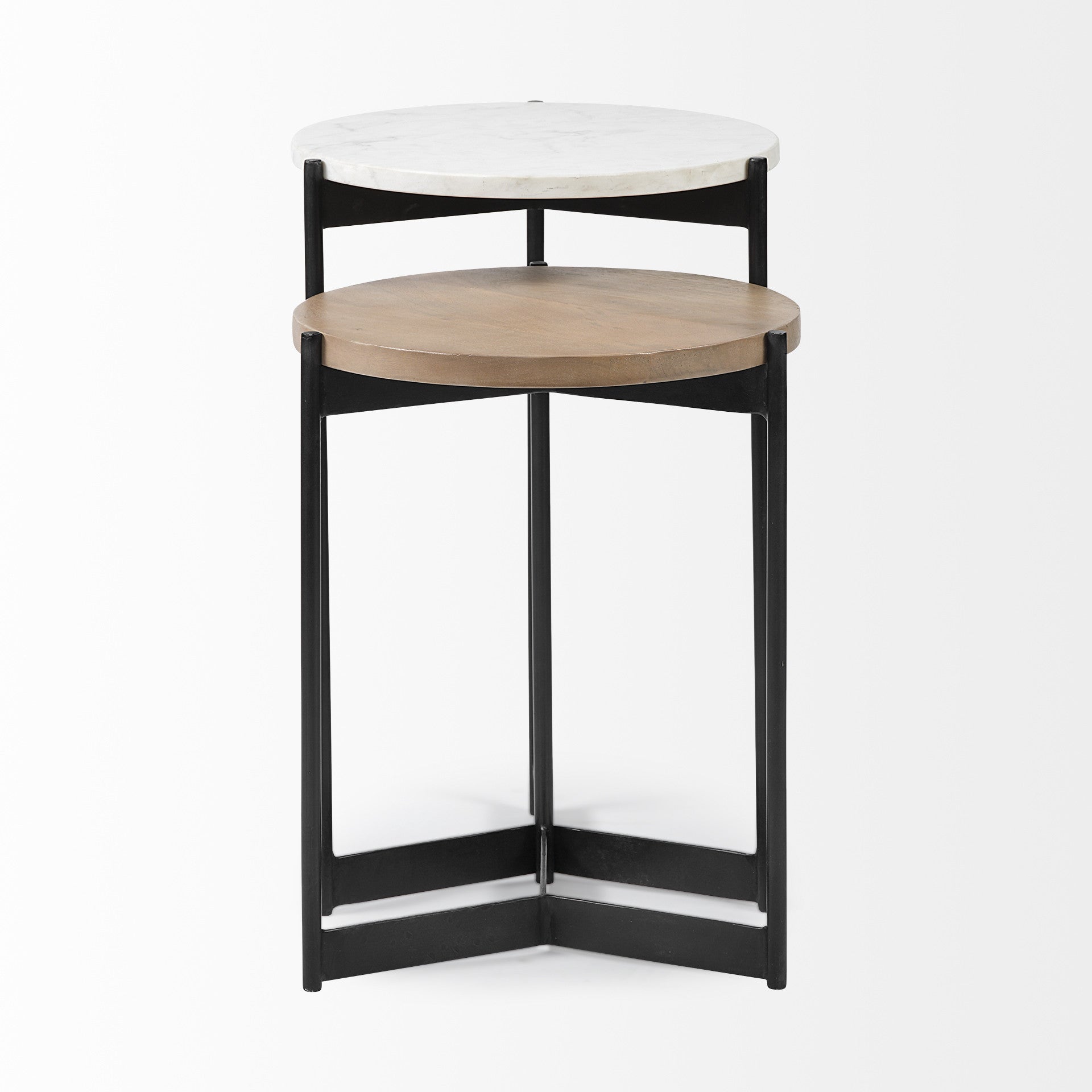 Medium Brown Wood Round Top Side Tables With Marble Nesting