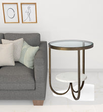 Round Glass Top Metal Side Table With Marble Shelf On Bottom