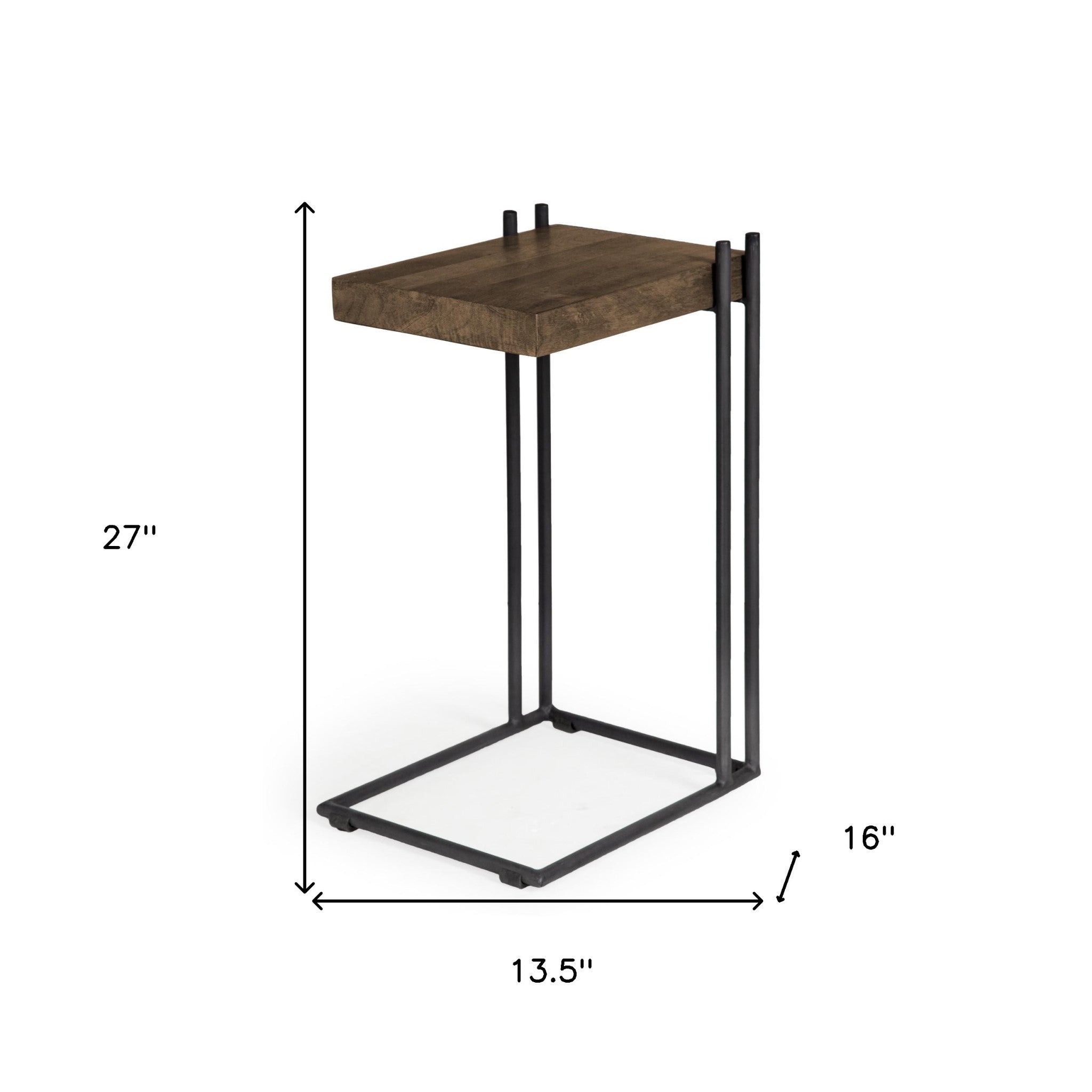 Mesa auxiliar en forma de L de madera marrón mediana con estructura de metal negro