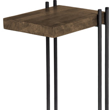 Mesa auxiliar en forma de L de madera marrón mediana con estructura de metal negro