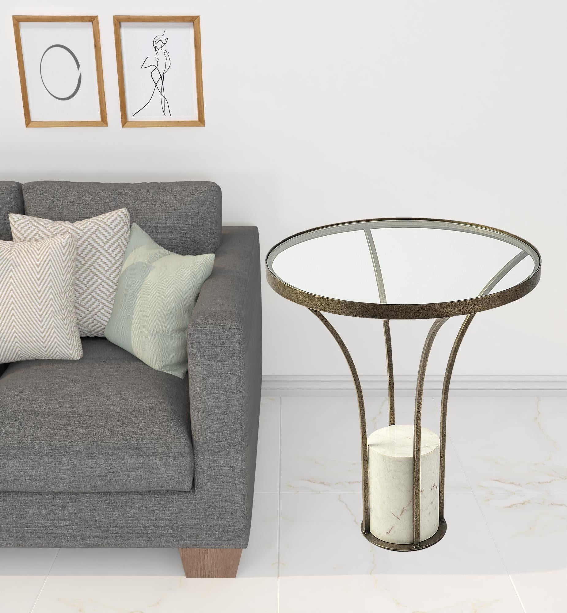 21" Round Glass Top End Table With Metal And Marble Pedestal