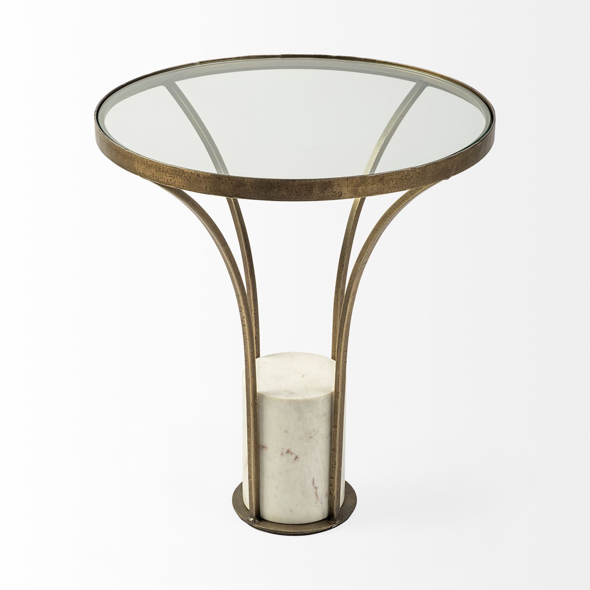 21" Round Glass Top End Table With Metal And Marble Pedestal
