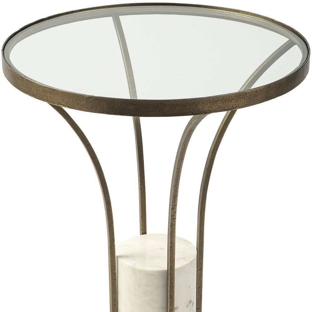 21" Round Glass Top End Table With Metal And Marble Pedestal