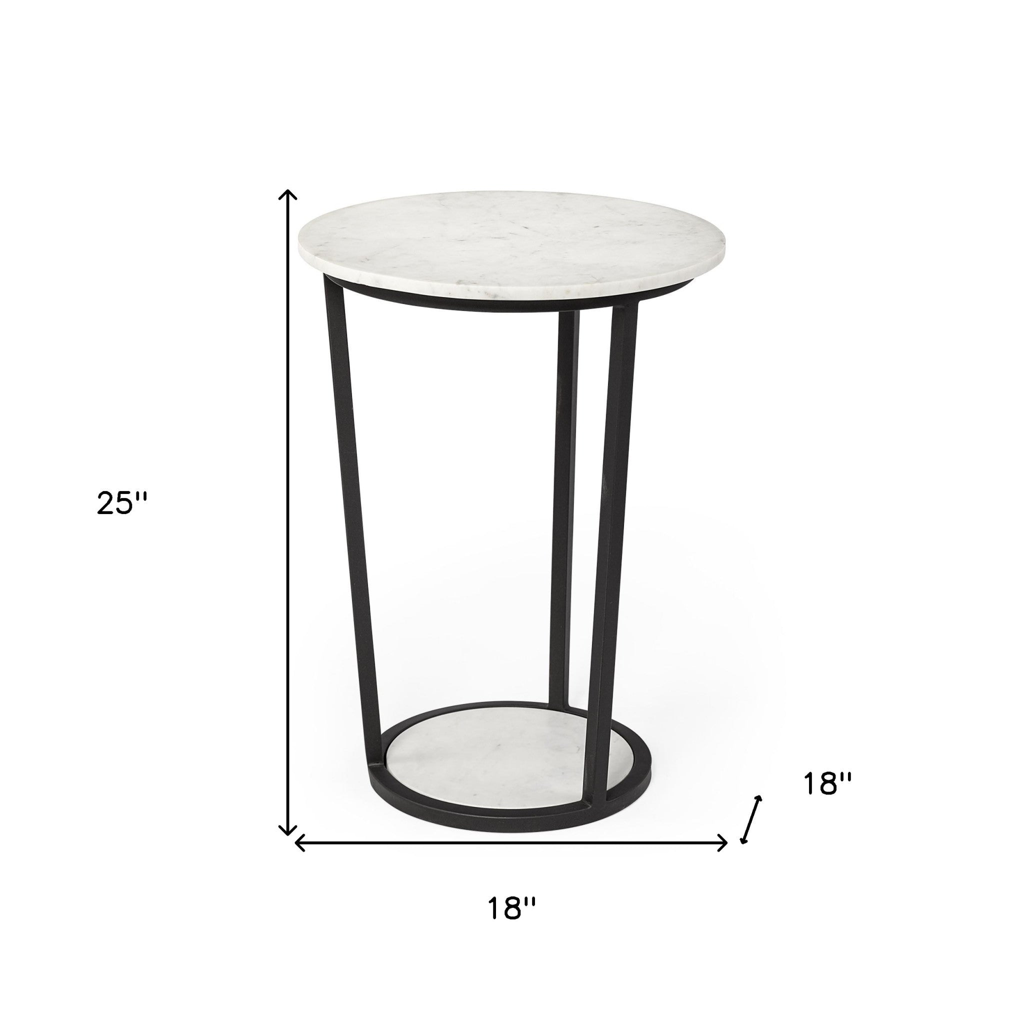 18" Round White Marble Top Accent Table With Black Metal Frame