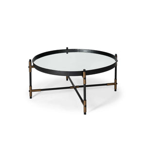 Round Mirrored Top Accent Table With Black And Brass Metal Base