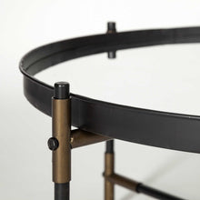 Round Mirrored Top Accent Table With Black And Brass Metal Base