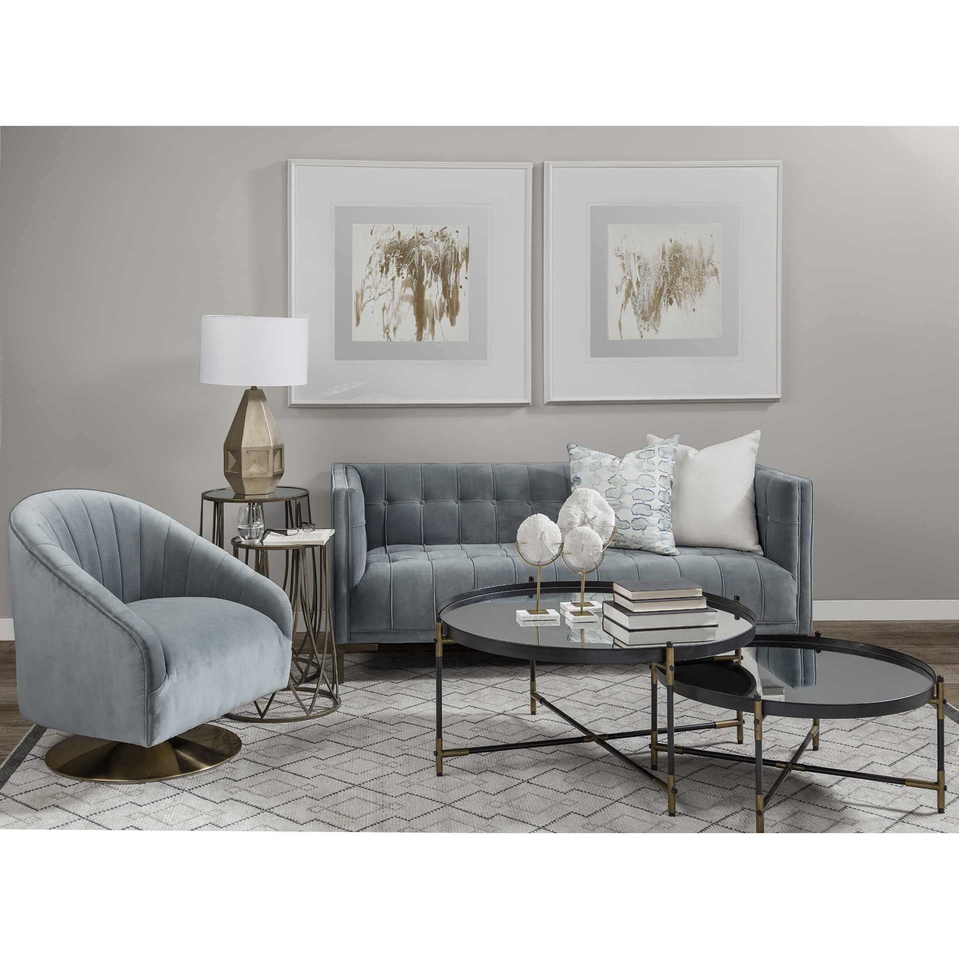 Round Mirrored Top Accent Table With Black And Brass Metal Base