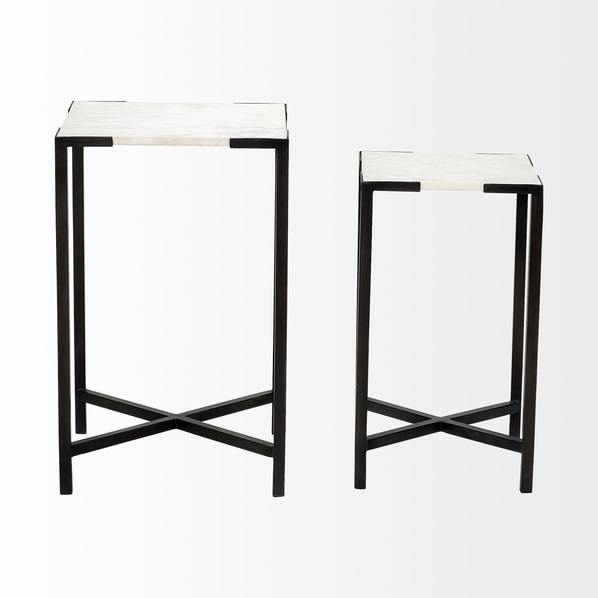 Set Of 2 White Marble Square Top Accent Tables With Black Iron Frame