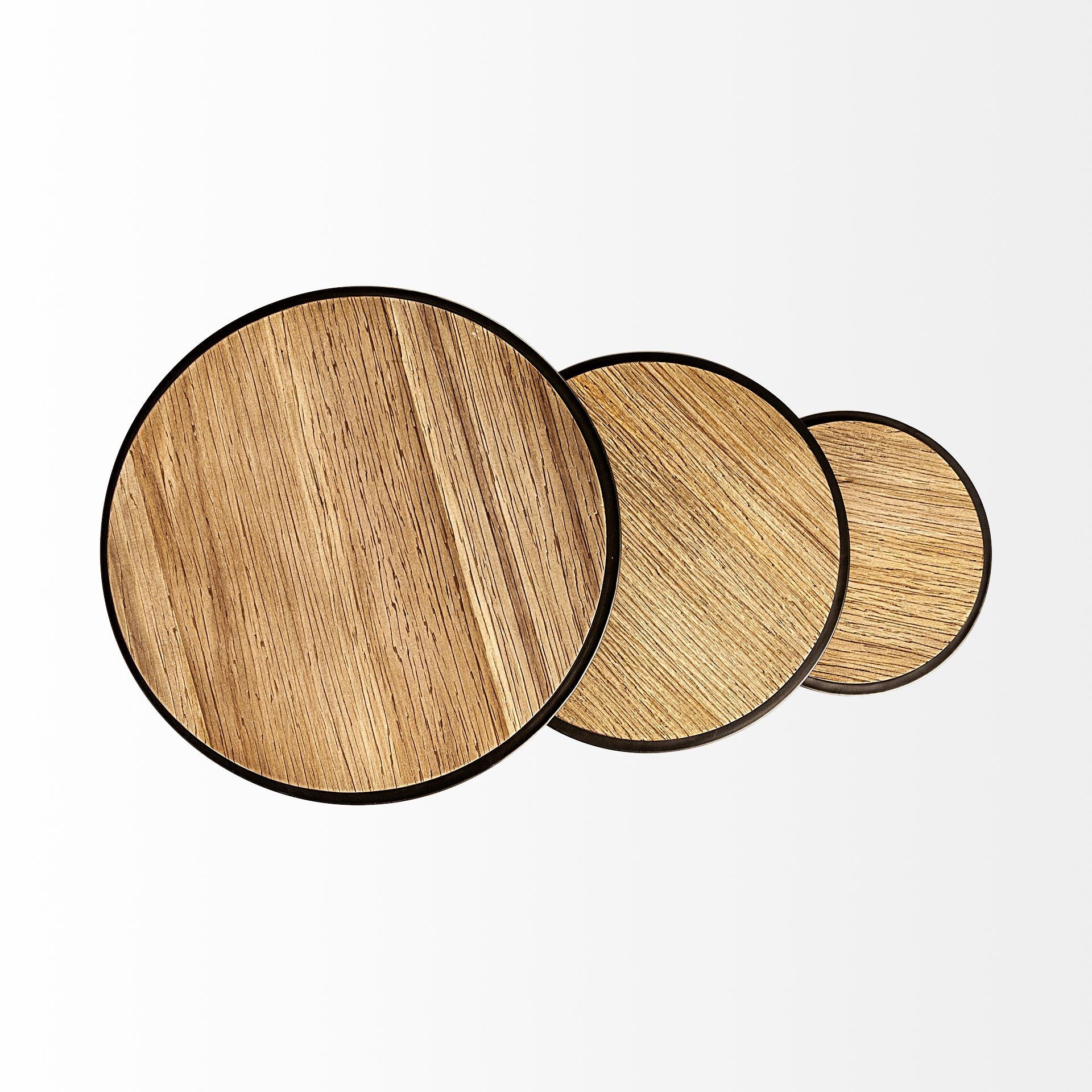 Set Of 3 Brown Wood Round Top Accent Tables With Iron Nesting