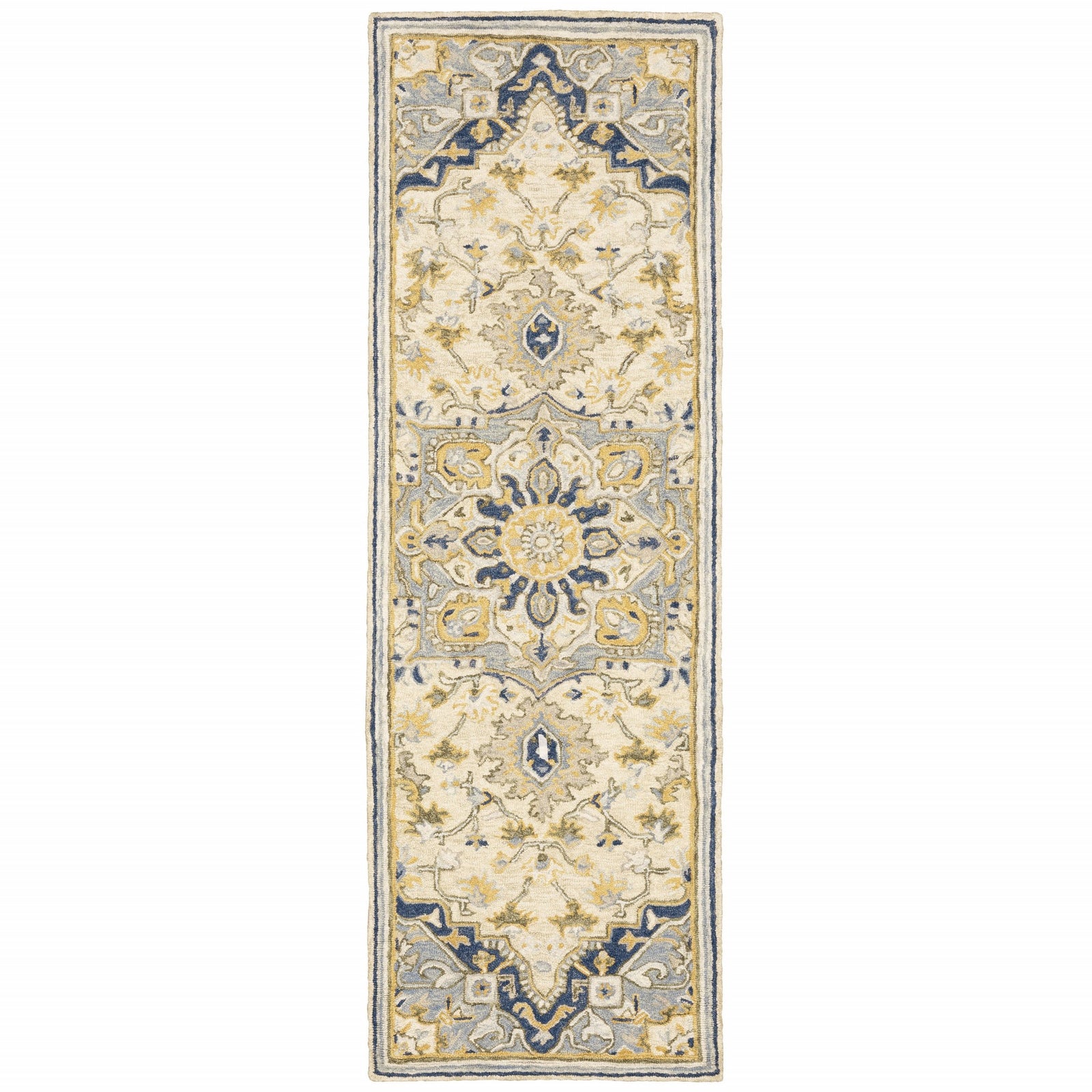3'X8' Blue And Ivory Bohemian Runner Rug