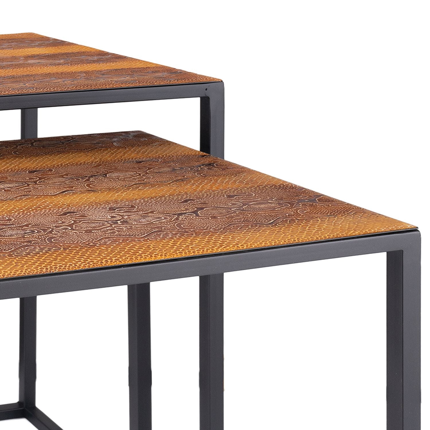 Juego de 2 mesas auxiliares anidadas rectangulares con estructura negra recubierta de polvo y parte superior de piel sintética de serpiente de cascabel