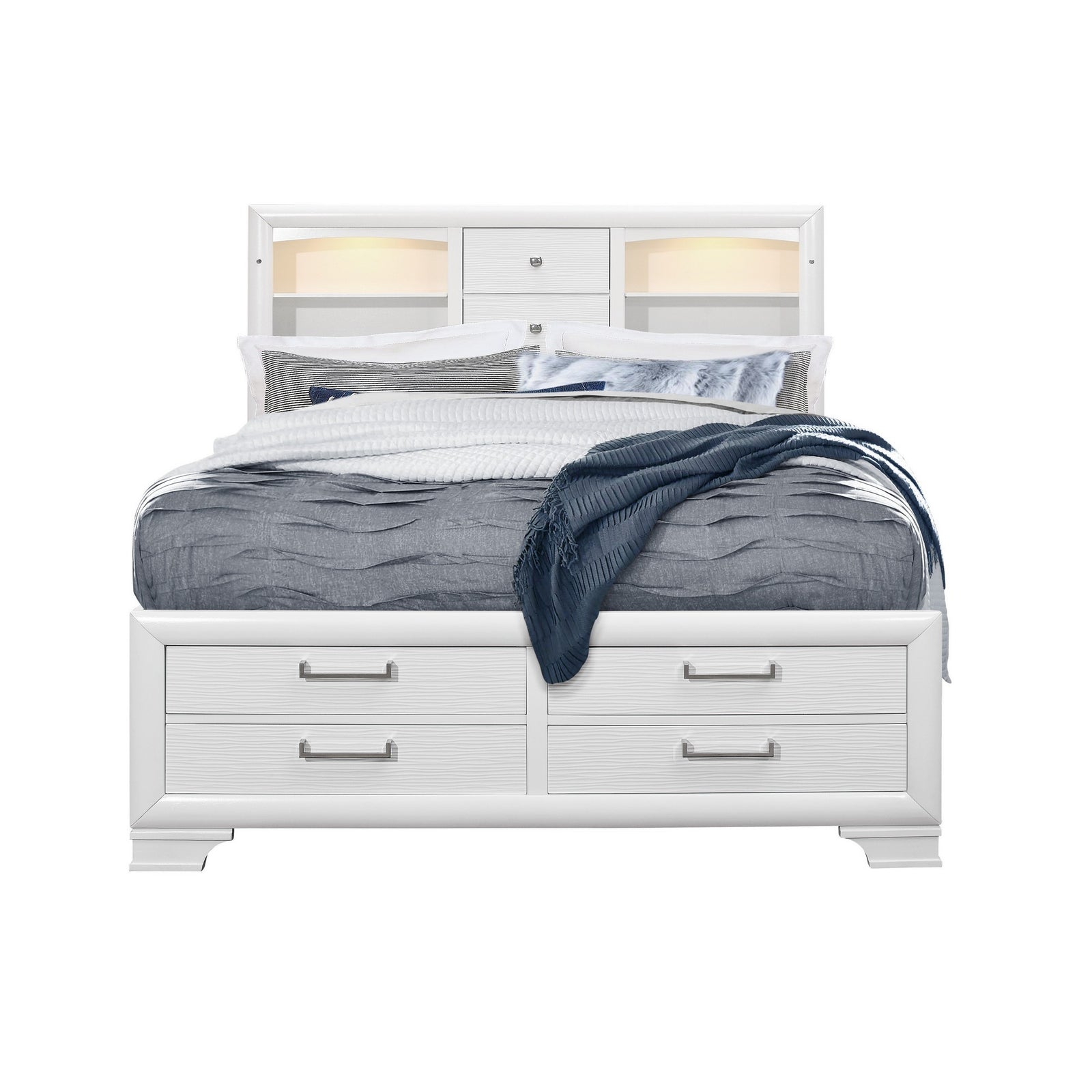 White Rubberwood Full Bed With Bookshelves Headboard  Led Lightning  6 Drawers