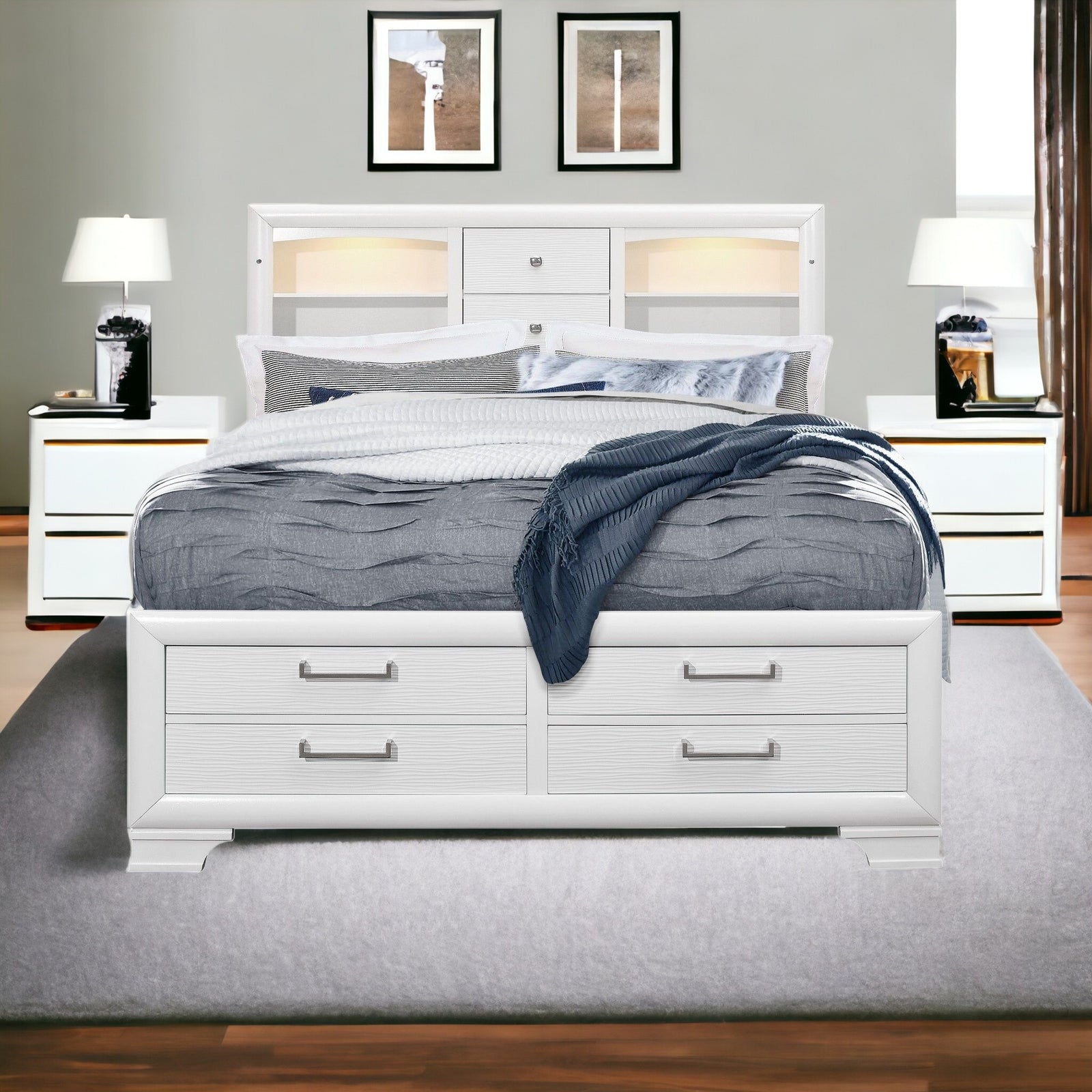White Rubberwood Full Bed With Bookshelves Headboard  Led Lightning  6 Drawers