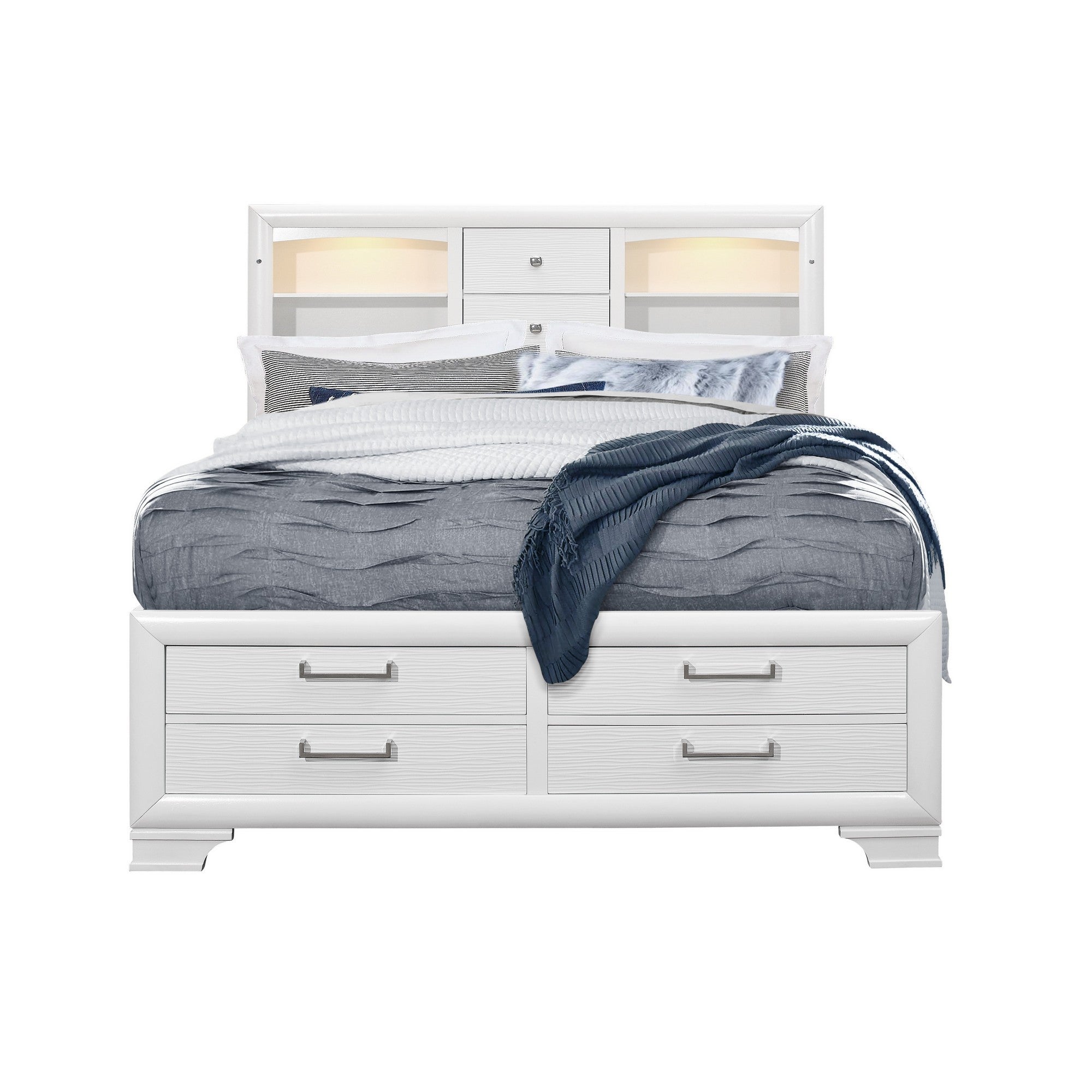 White Rubberwood King Bed With Bookshelves Headboard  Led Lightning 6 Drawers
