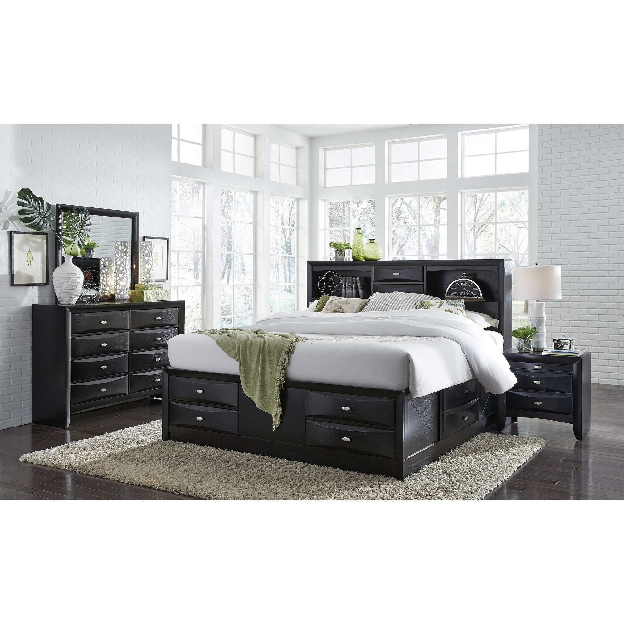 Solid Wood King Black Upholstered Linen 8 Drawer Bed