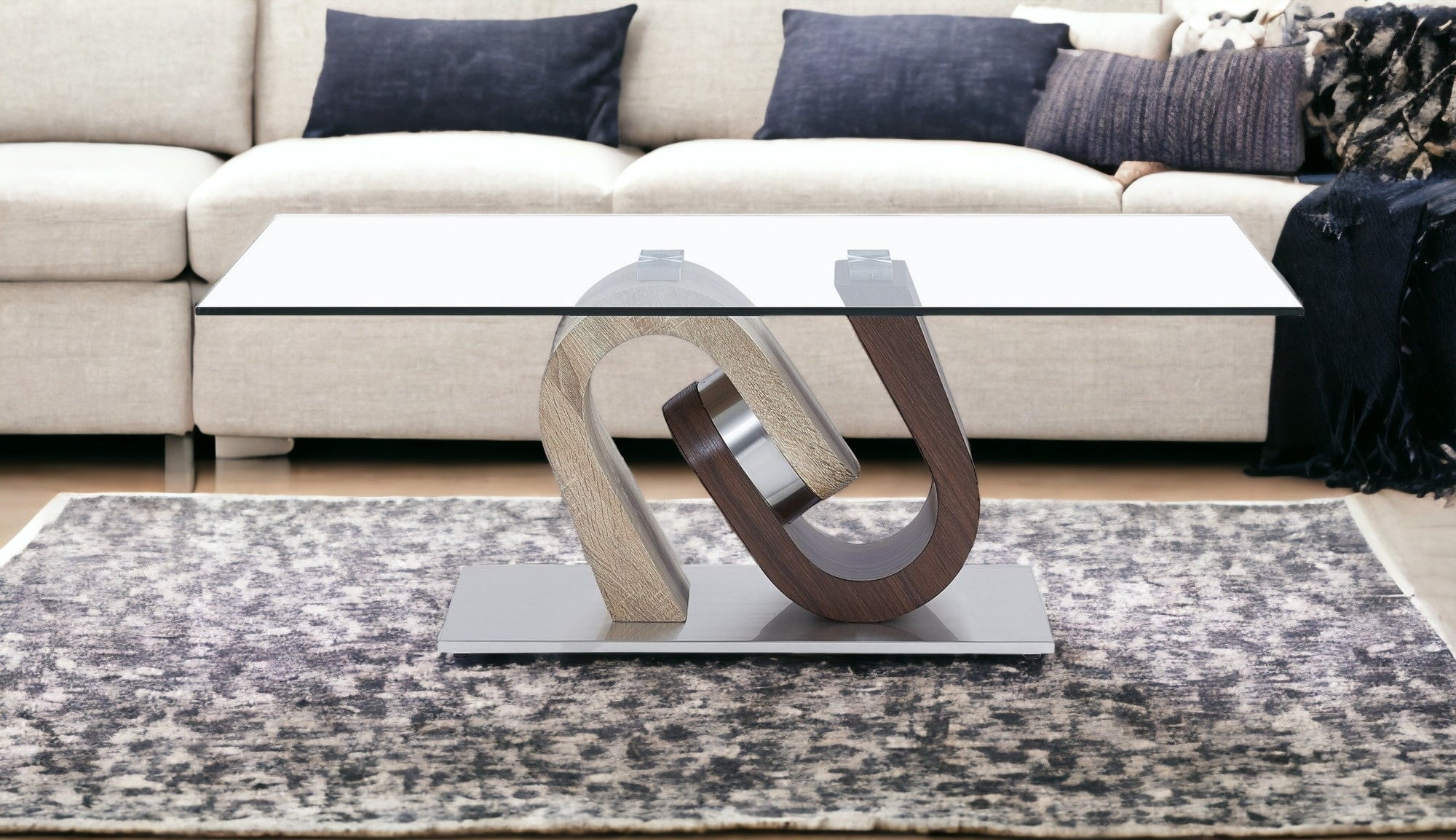 Oak And Walnut Ultra Modern Glass Top Coffee Table