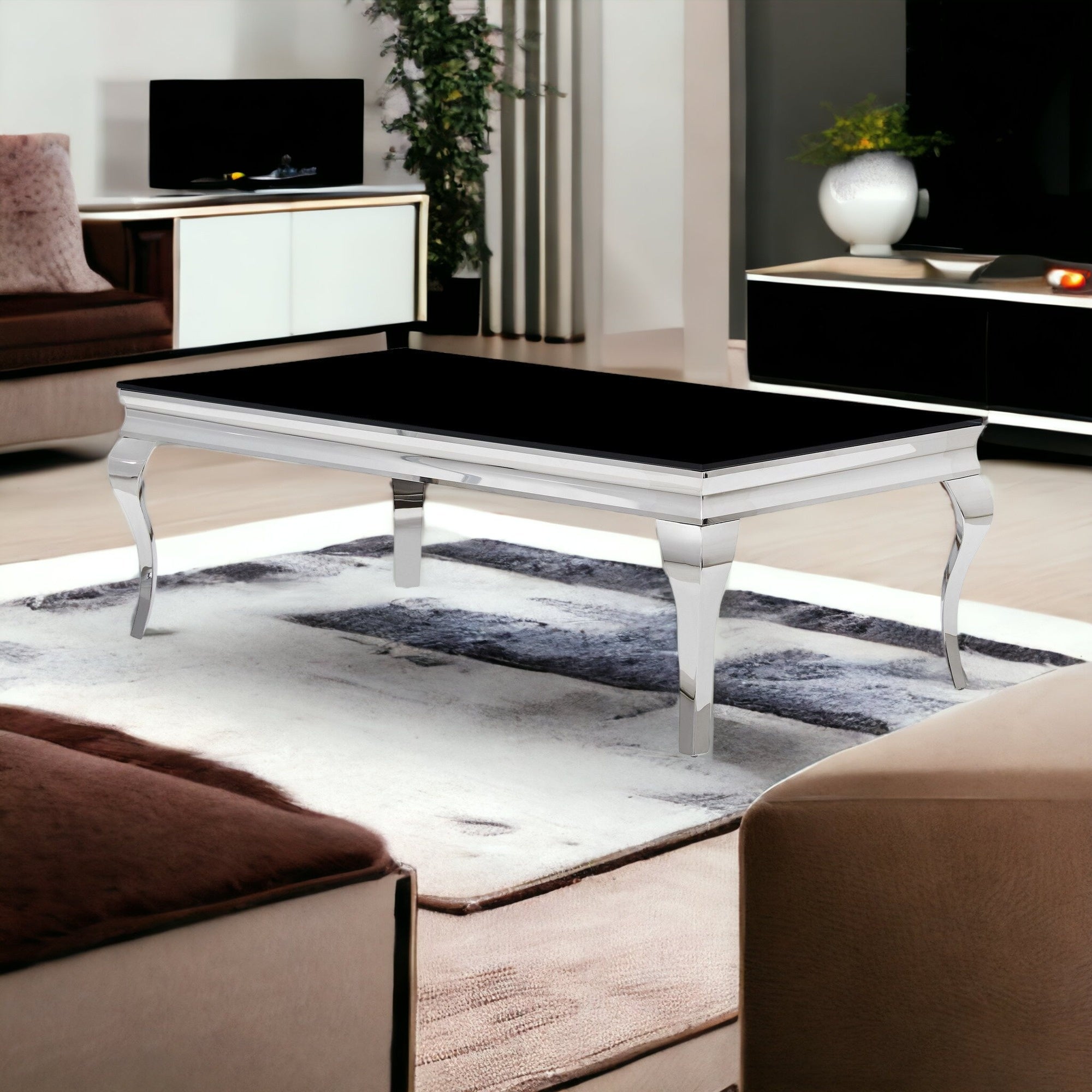 Silver Tone Black Glass Top Cocktail Table